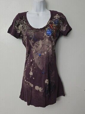 Y2K Brad Butter Angel Wings V-Neck Shirt Women’s S  Roses Heart Wings